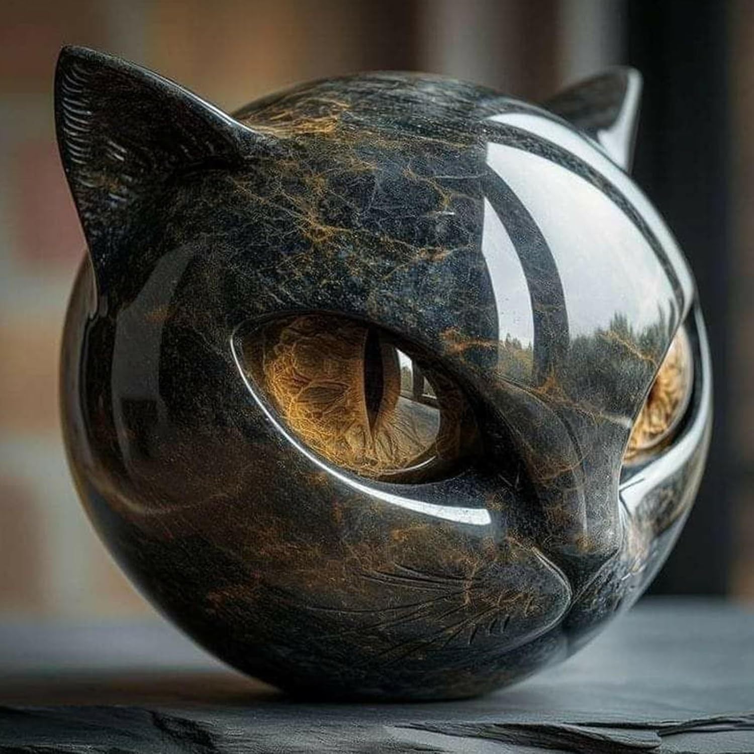 1pc Hand-Carved Resin Black Cat Stone Sculpture - Elegant Marble-Like Texture with Golden Marble Eyes, Intricate Feline Face & Expressive Eyes, Mini Cat Figurine for Home Decor, Gift for Cat Lovers (No Electricity Needed) - D