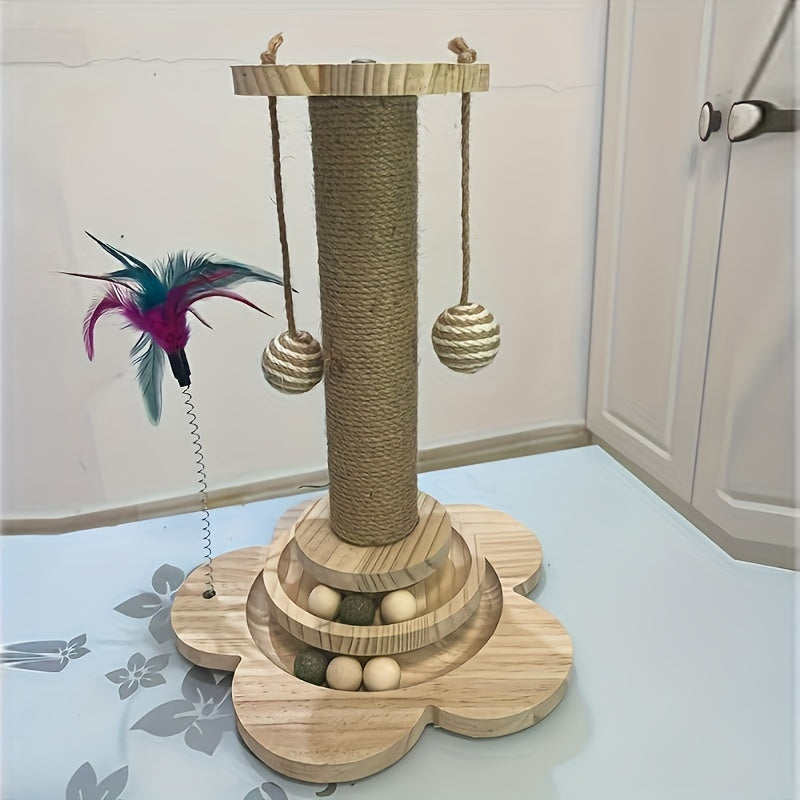 1pc Premium Solid Wood Cat Scratching Post Turntable - Interactive Teaser Stick & Scratch-resistant Board - Durable Sisal Climbing Stand for Playful Felines