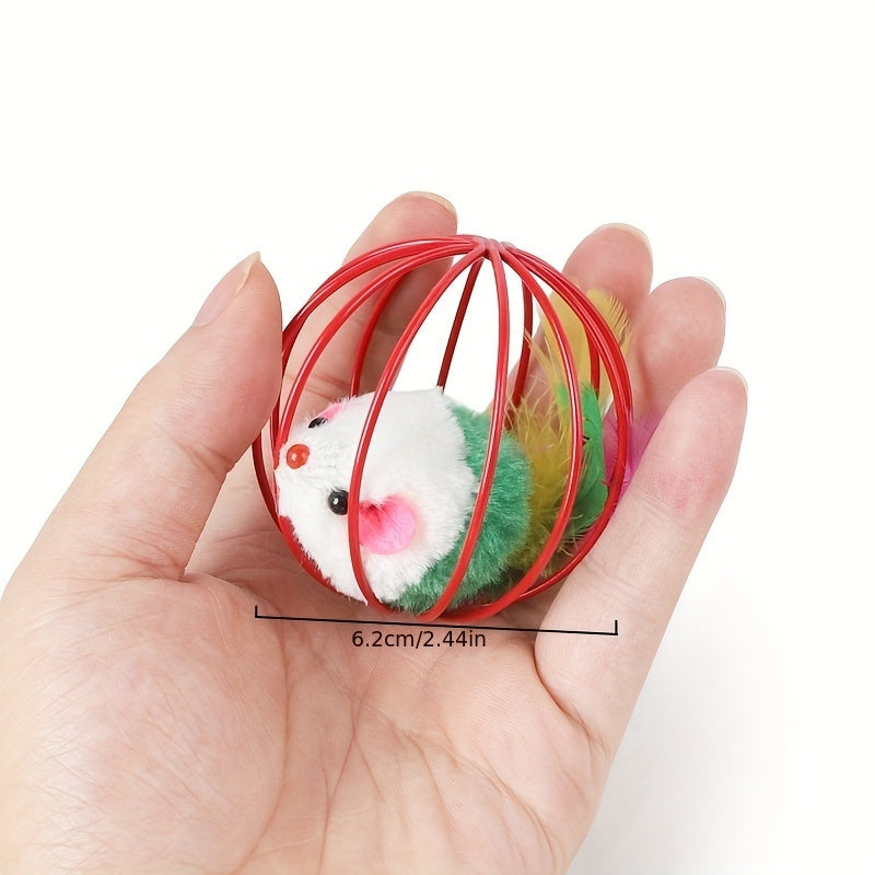 Interactive Pet Cat Ball Cage Toy With Simulated Plush Mouse Inside, Caged Rat Scratch Ball Kitten Gifts - Assorted Color