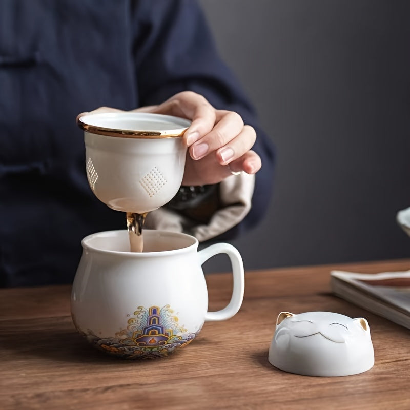 1pc Whimsical Chinese Style Lucky Cat Ceramic Tea Mug - Infused with Tea Infuser and Lid, Perfect for Summer and Winter Drinks, Unique Birthday, Holiday, Christmas, and New Year Gift Idea