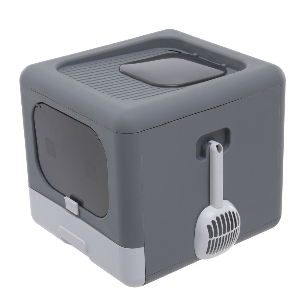 Durable Cat Litter Tray Box, Foldable Top Entry Large Cats Toilet with Lid - Hooded Kitten Litter Tray Easy Cleaning Drawer Design with Scoop | Grey, Anti-odor