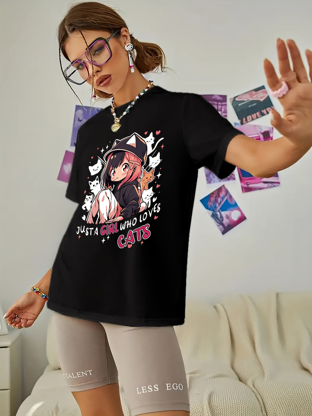 Women'S Anime Cat Lover Graphic T-Shirt - Black with Pink Lettering - Soft Stretchy Fabric Casual Everyday Tee - Cute Japanese Animation Shirt for Women - G7110, Allseason Apparel, Playful Design, Comfortable Fit, Streetwear