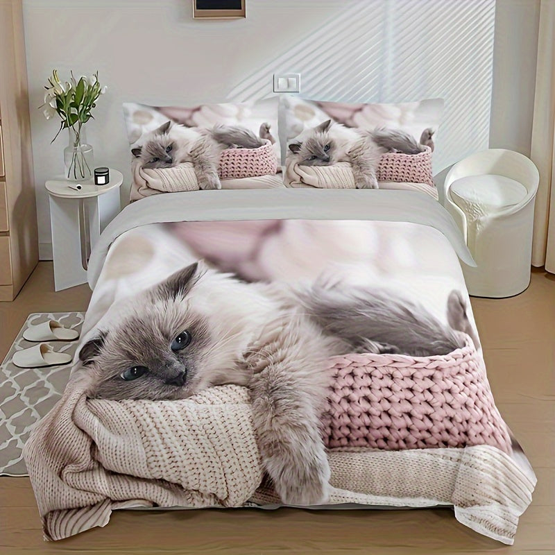 3pcs Polyester Duvet Cover Set (1*Duvet Cover + 2*Pillowcase, Without Core), Fashion Cute 3D Cat Print All Season Bedding Set, Soft Comfortable Duvet Cover, For Bedroom, Guest Room