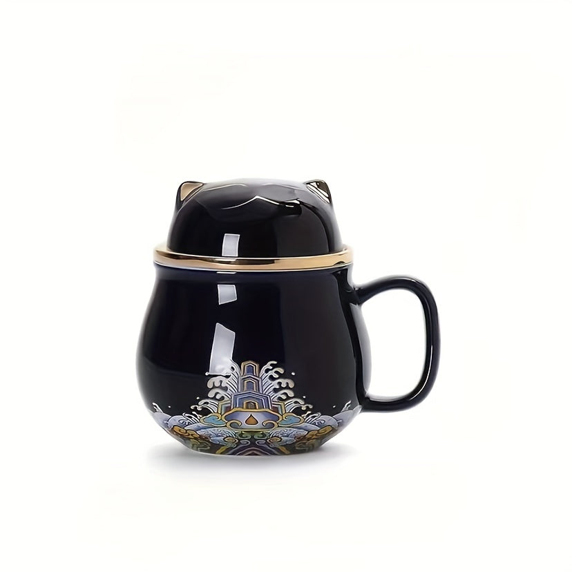 1pc Whimsical Chinese Style Lucky Cat Ceramic Tea Mug - Infused with Tea Infuser and Lid, Perfect for Summer and Winter Drinks, Unique Birthday, Holiday, Christmas, and New Year Gift Idea
