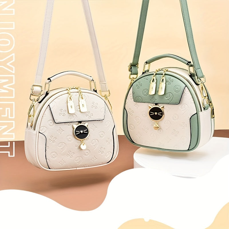 Small Geometric Embossed Crossbody Cat Dome Shoulder Purse - Color Contrast, Cute, Stylish, and Spacious Handbag for Women - Perfect for Daily Use, Travel, and Outdoor Activities