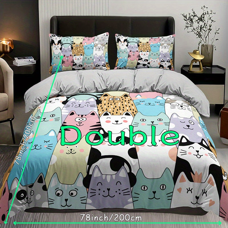 3pcs Fashion Duvet Cover Set, Cute Cartoon Cat Print Bedding Set, Soft Comfortable Breathable Duvet Cover, For Bedroom Guest Room Decor (1*Duvet Cover + 2*Pillowcase, Without Core)