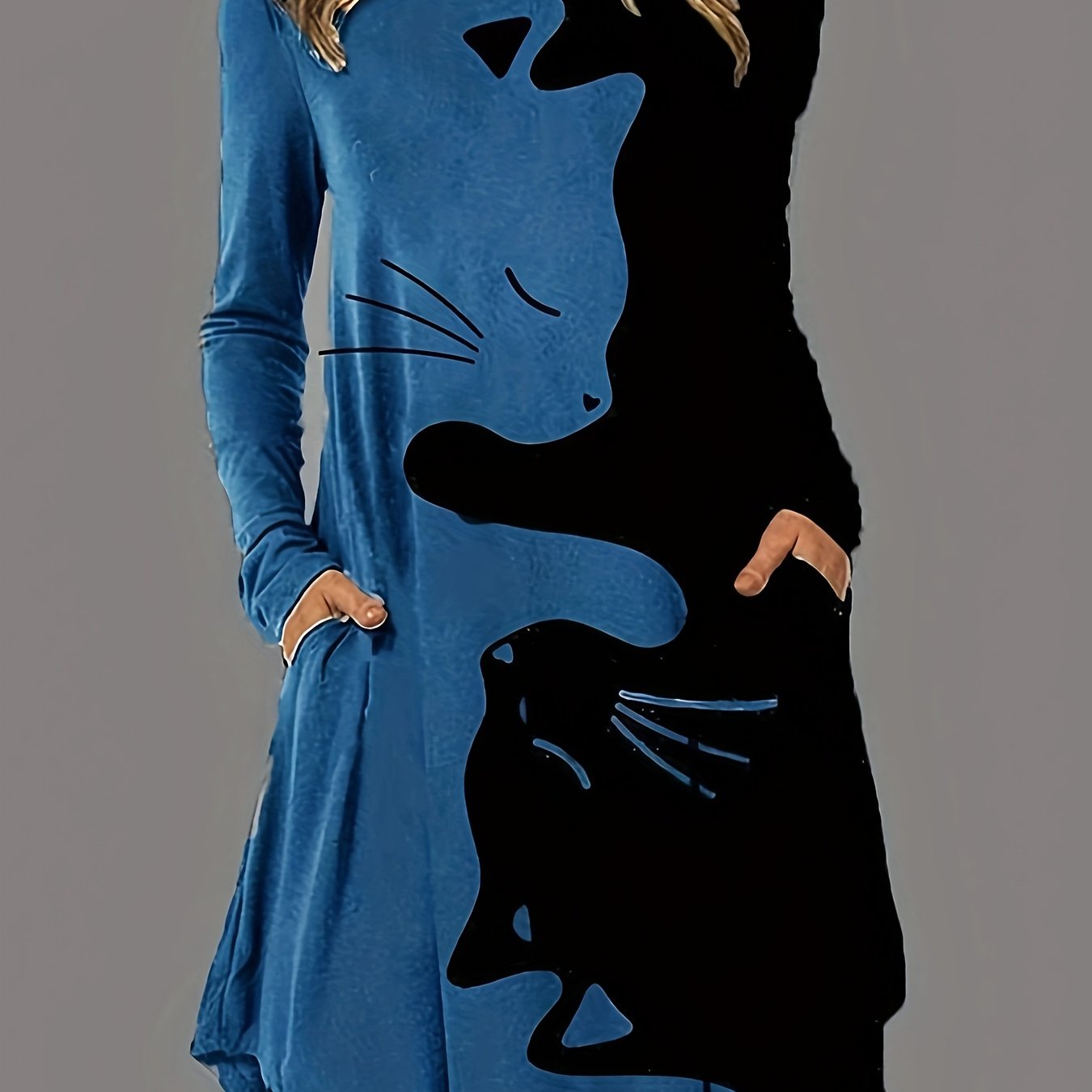 Long Sleeve Cat Print Casual Crew Neck Dress for Women, Spring & Fall Clothing