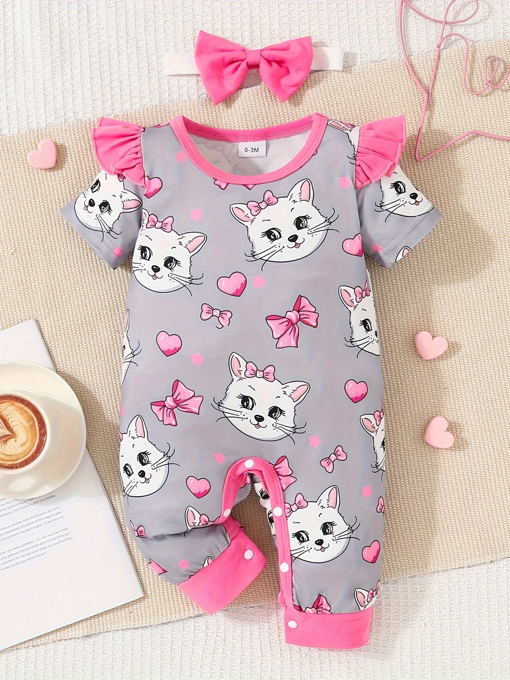Newborn Baby Girls Cute Cartoon Cat Print Short-sleeved Comfortable Jumpsuit With Bow Headband Baby Summer Clothing
