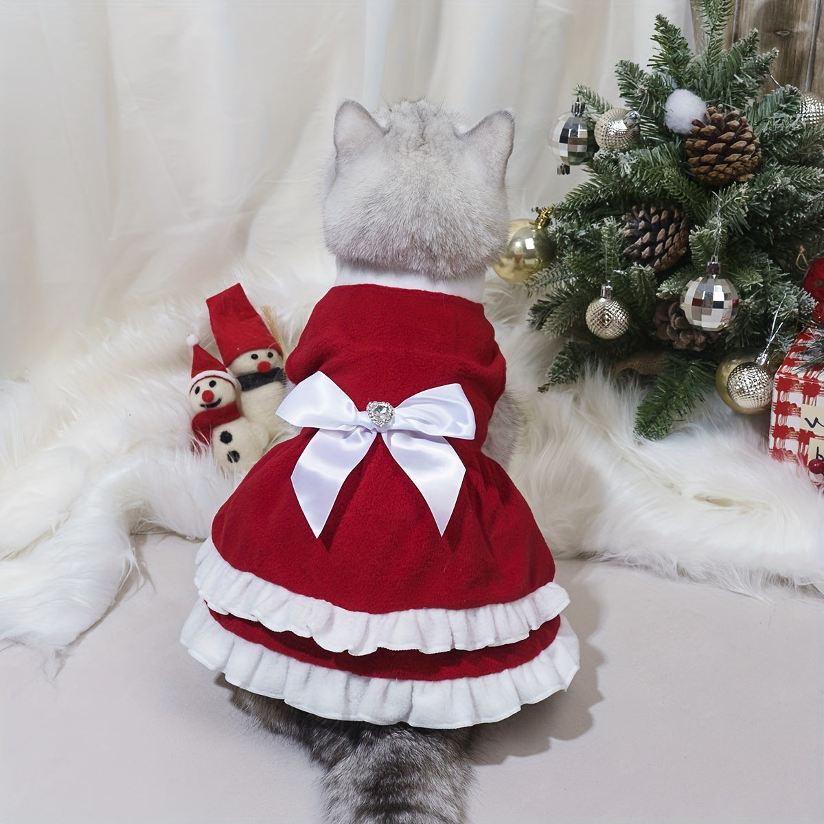 1pc Pet Cute Cake Dress, Warm Fleece Dog Cat Dress, Kitten Bow Skirt, Pet Autumn And Winter Costume For Christmas Party