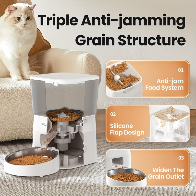 ROJECO Automatic Cat Feeder, 2L/68oz WiFi Automatic Cat Food Dispenser With App Control, Timed Cat Feeder With Stainless Steel Bowl & Dual Power Supply, 1-6 Meals, No Adapter Included