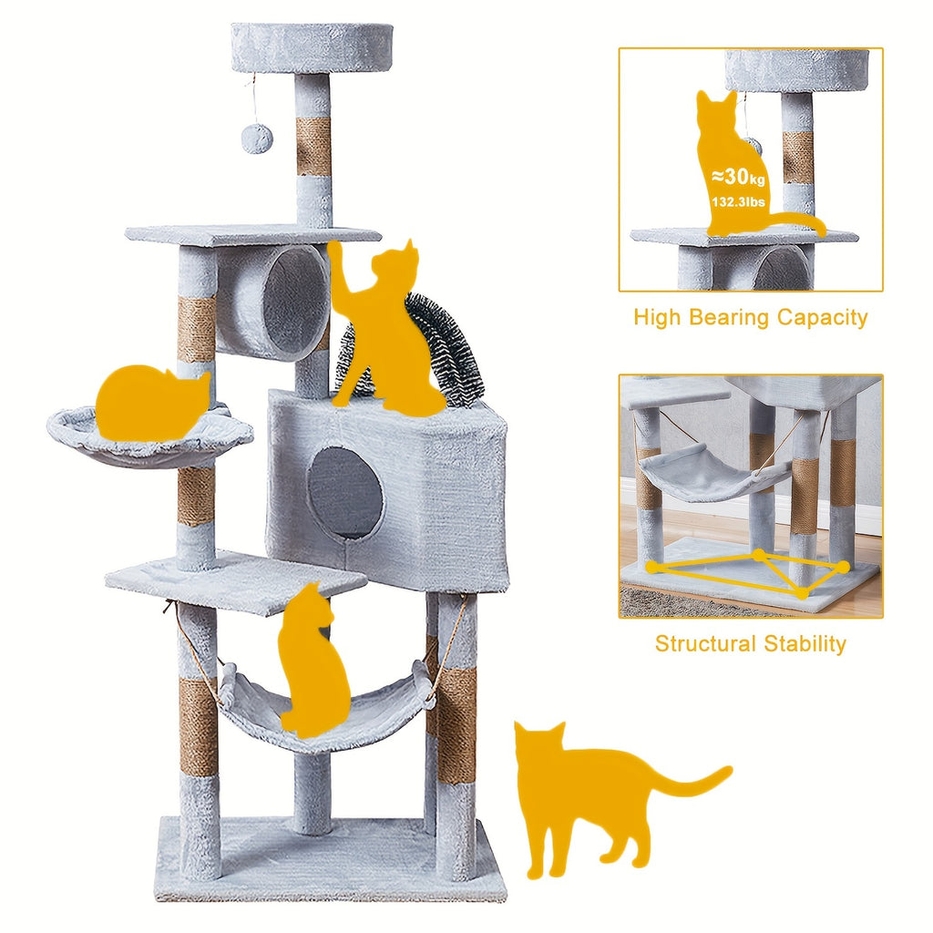 1pc Funtrip 6-Level Cat Tree Tower with Sisal Scratching Posts, Anti-Rewind Tape, and Hanging Toys - Large Wooden Fiber Cat Condo for Indoor Cats, Play & Relaxation Activity Center, Cat Tower for Large Cats