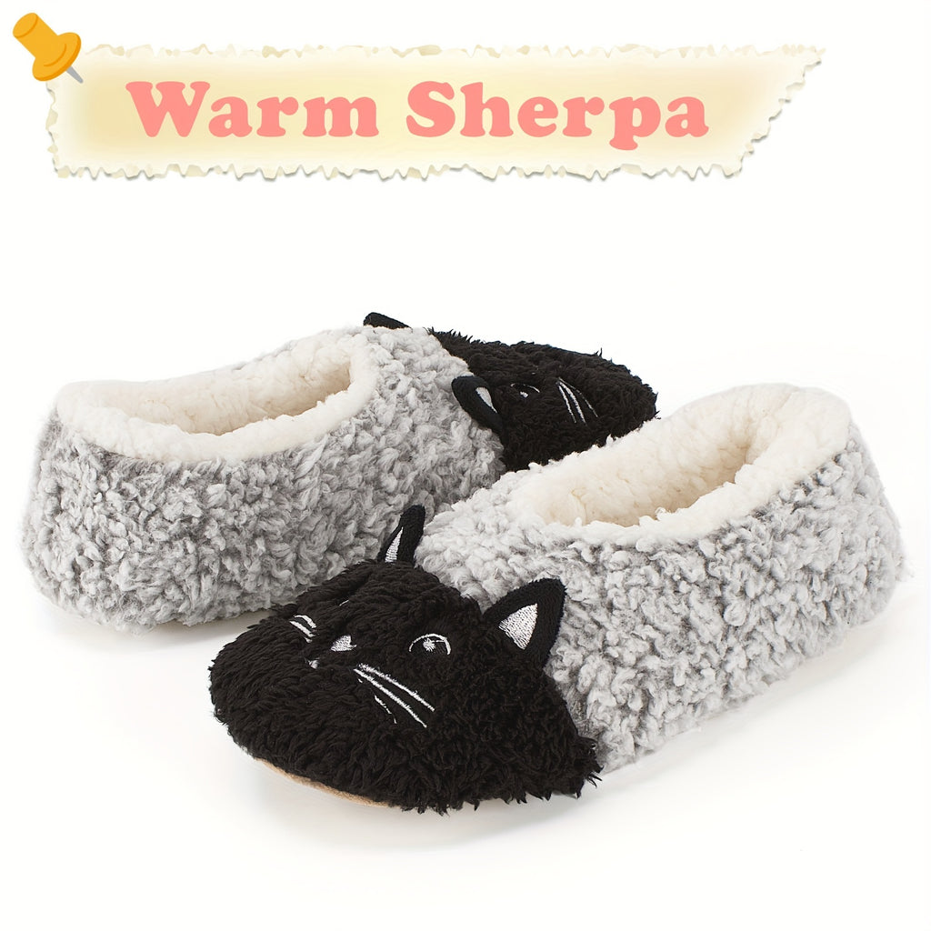 Women's Cute Cartoon Cat Design Slippers, Casual Slip On Plush Lined Slippers, Warm Home Slippers