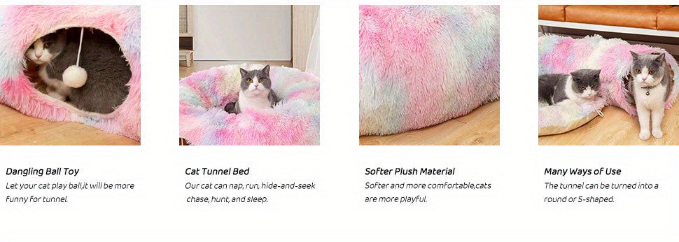 Plush 2in1 Cat Tunnel Bed | Winter Warm Donut-Style Cozy Nest with Enclosed Hideaway, Peekaboo Hole & Hanging Pom Pom Toy, Extra Thick Soft Pet Bed for Anxiety Relief and Deep Sleep, Non Slip Bottom, Perfect for Multi Cat Pla