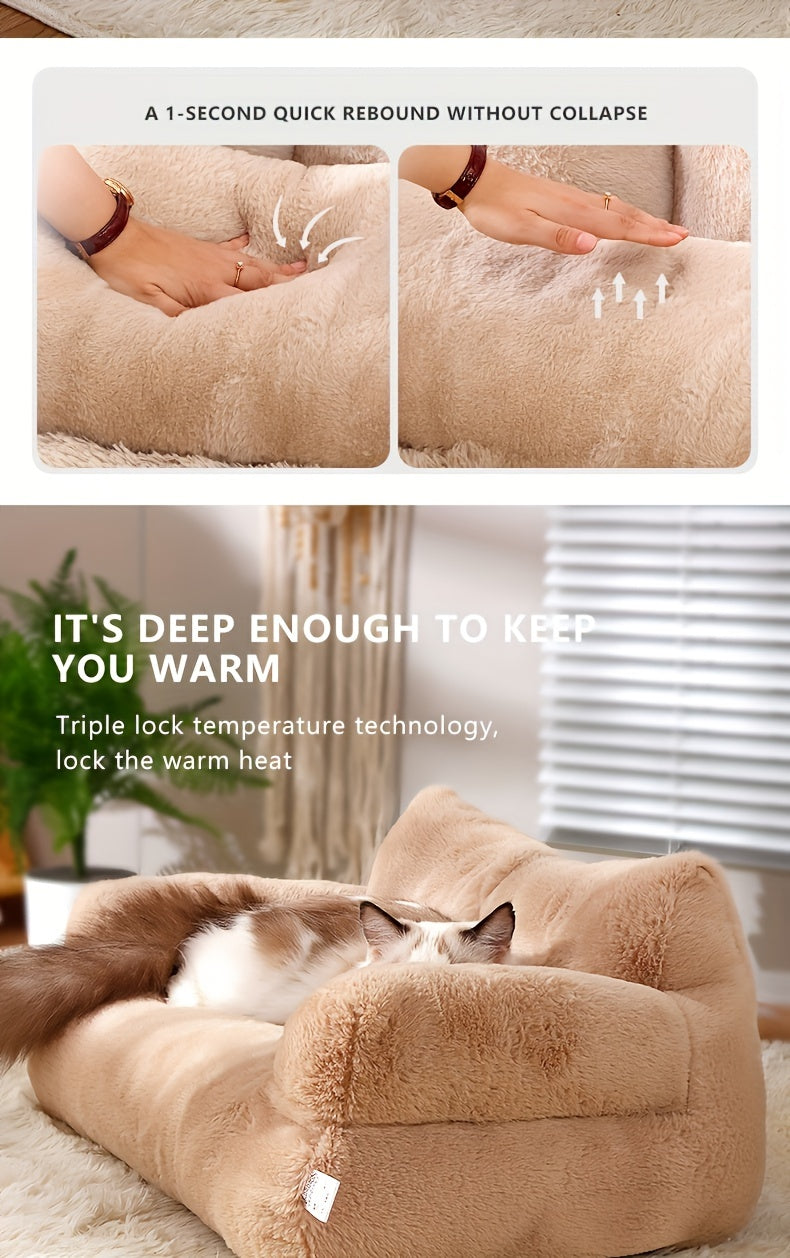 Luxurious Beige Plush Cat Bed - Ultra-Soft, Warm Sofa for Cats with Non-Slip Base & Detachable Cover - Ideal for Snoozing & Relaxing, Easy to Clean, Polyester Fill - Perfect Pet Lounger for Kittens & Cats, Kitten Bed