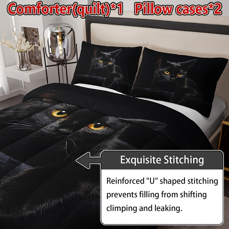 Charming Black Cat 3-Piece Bedding Set: Soft, All-Season Quilt with 2 Pillowcases - Breathable and Hand Washable