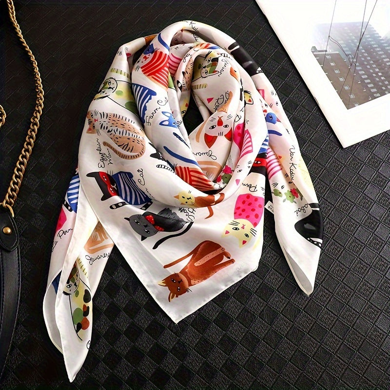 Cartoon Cat Pattern Polyester Square Scarf for Women, Cute Style, Decorative & Windproof, Breathable, Non-Elastic, with Hand Wash/Dry Clean for Parties