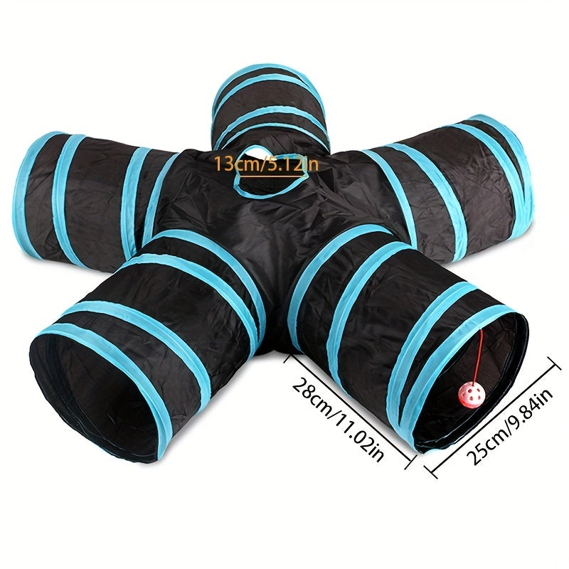 Large Collapsible Cat Tunnel with Play Ball & Interactive Peek Holes - Multi-Level Tunnel System for Indoor Cats, Kittens, Small Dogs - Heavy-Duty Tube with Blue Piping, Portable Hideout for Play & (Easy Assembly