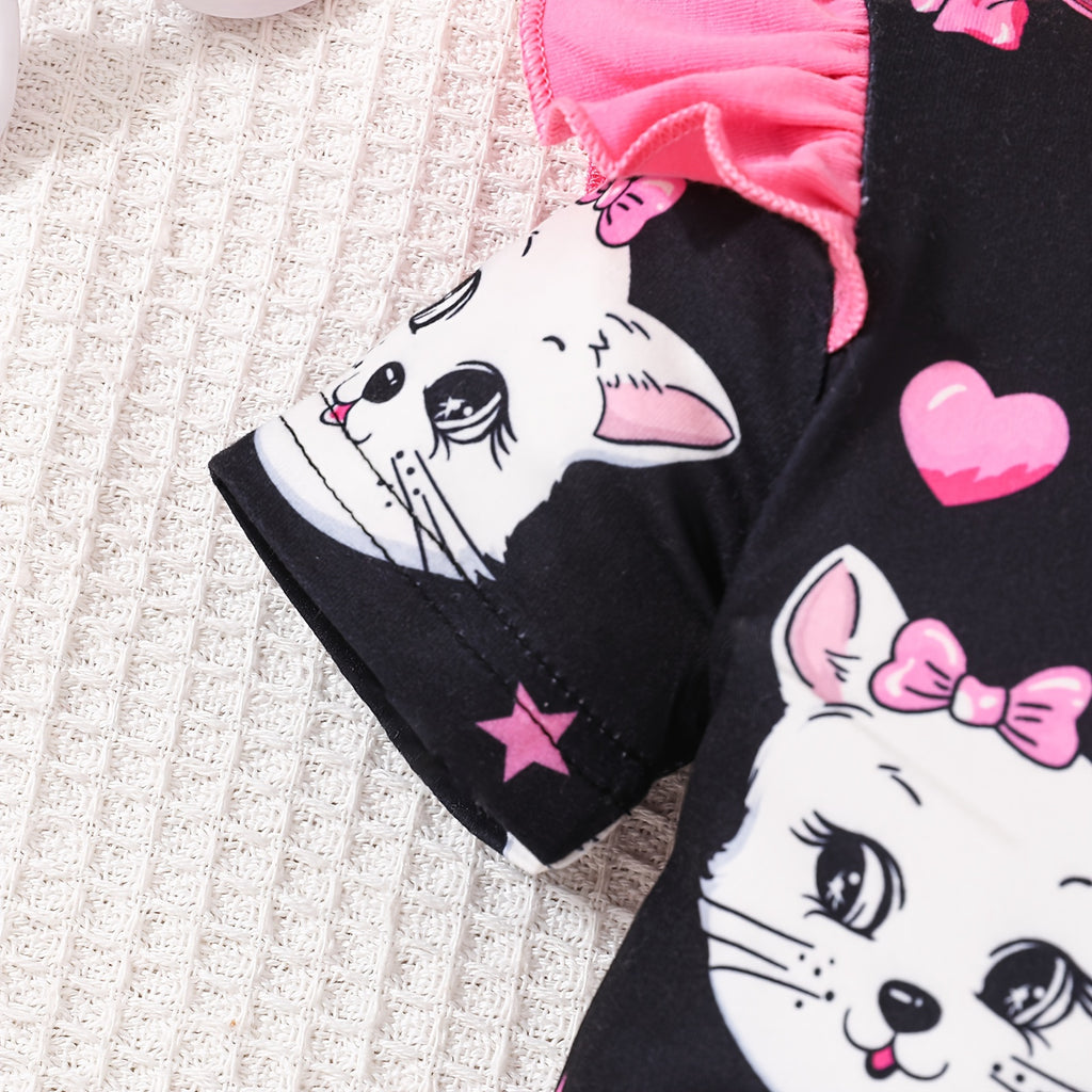 Newborn Baby Girls Cute Cartoon Cat Print Short-sleeved Comfortable Jumpsuit With Bow Headband Baby Summer Clothing