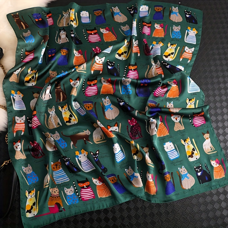 Cartoon Cat Pattern Polyester Square Scarf for Women, Cute Style, Decorative & Windproof, Breathable, Non-Elastic, with Hand Wash/Dry Clean for Parties