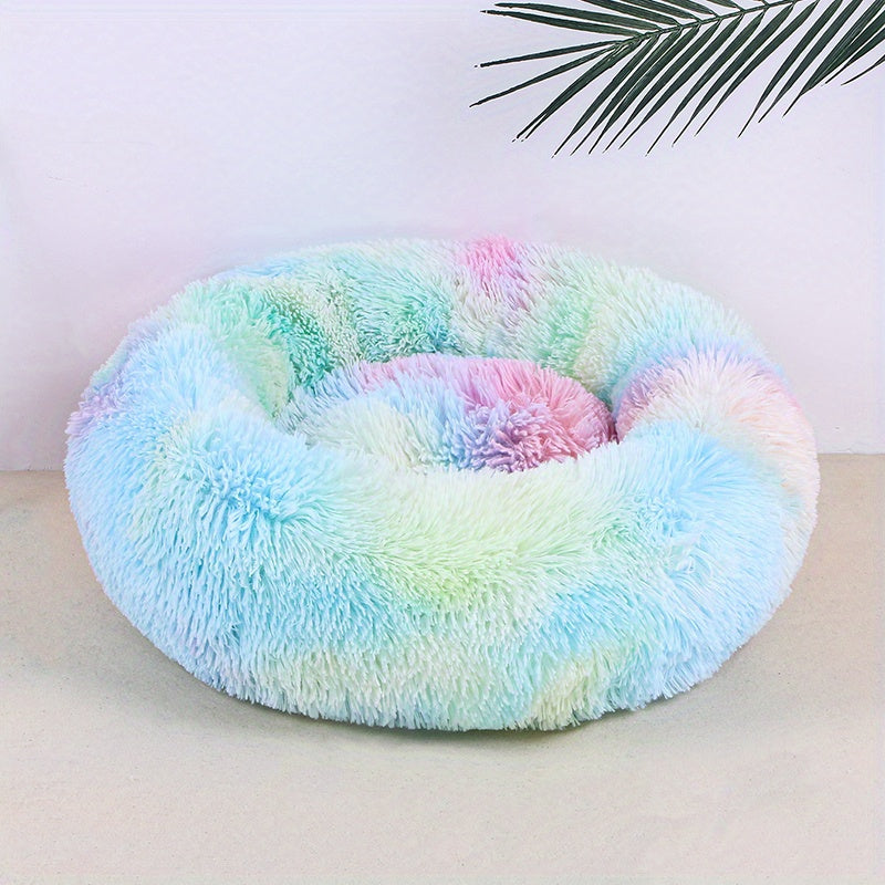 1pc Round Plush Gradient Color Calming Cat Bed, Machine Washable, Four Seasons Warm Comfortable Soft Nest, Suitable for Small and Medium Dogs and Cats, Pet Bed