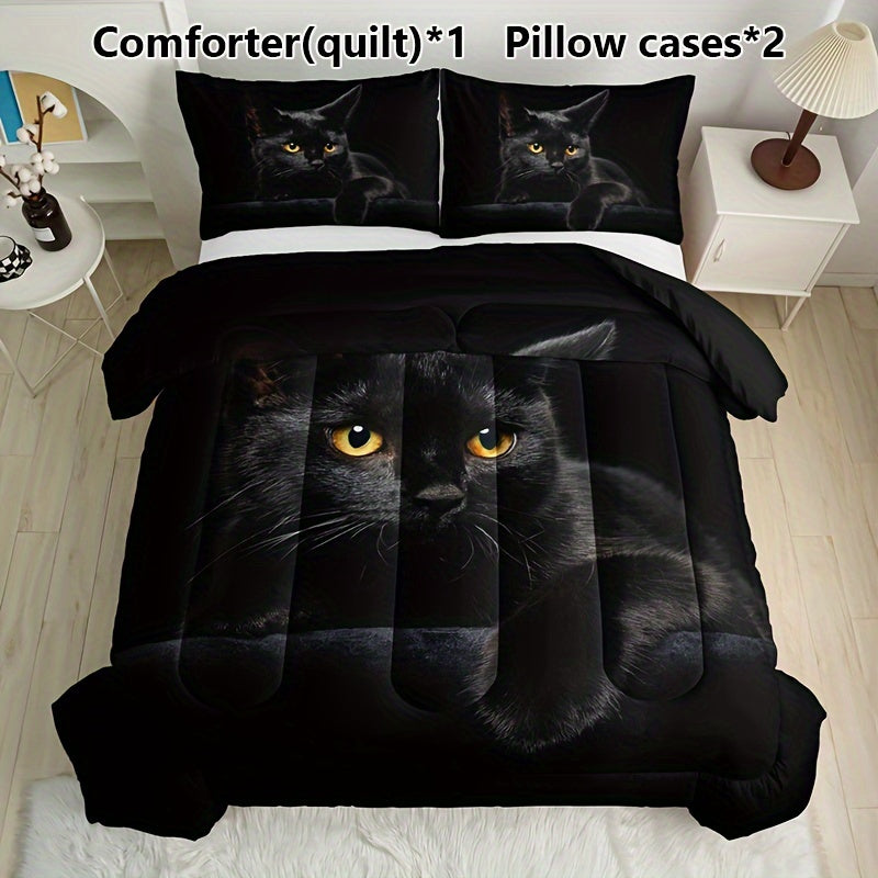 Charming Black Cat 3-Piece Bedding Set: Soft, All-Season Quilt with 2 Pillowcases - Breathable and Hand Washable