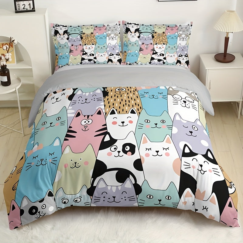 3pcs Fashion Duvet Cover Set, Cute Cartoon Cat Print Bedding Set, Soft Comfortable Breathable Duvet Cover, For Bedroom Guest Room Decor (1*Duvet Cover + 2*Pillowcase, Without Core)