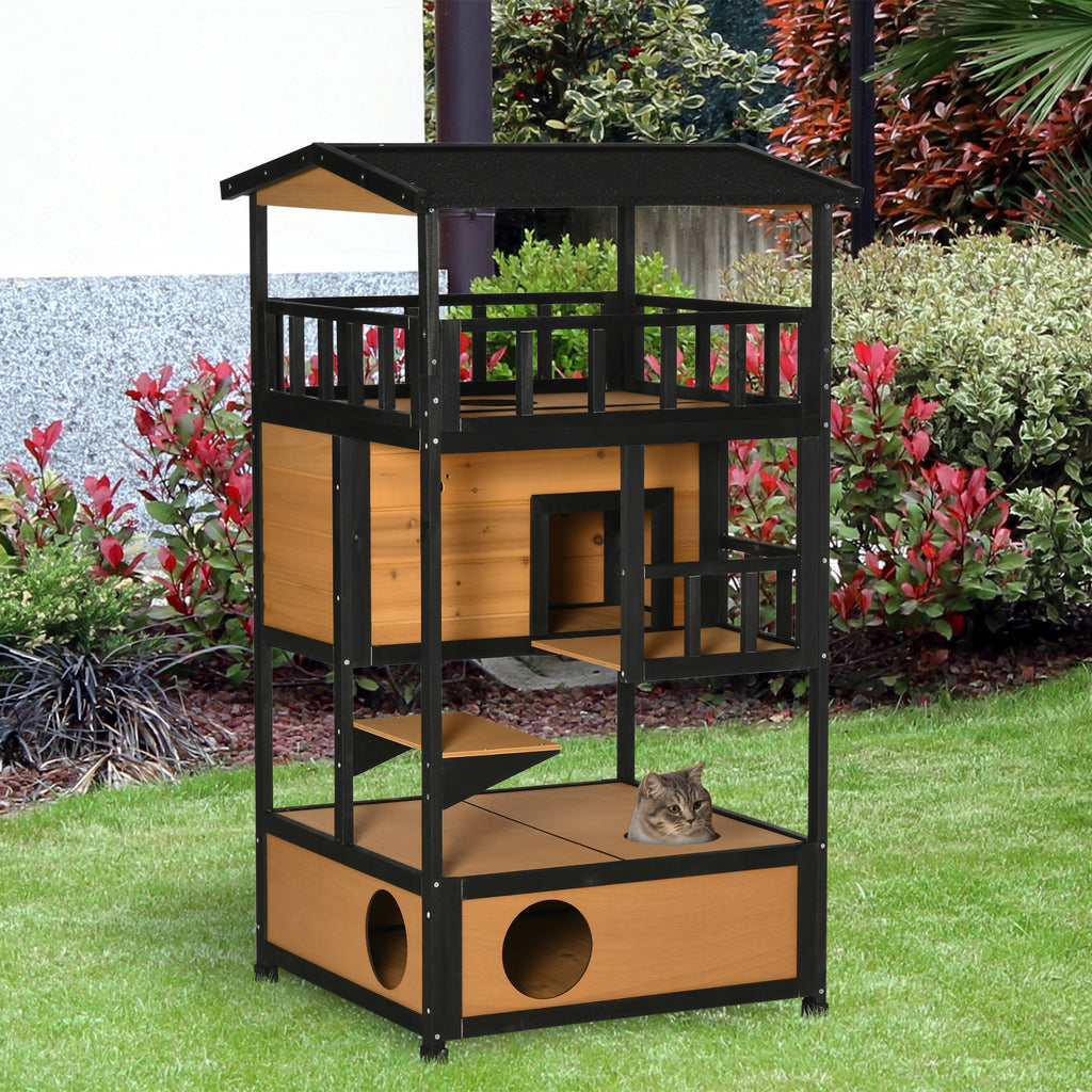Wooden Outdoor Cat House 3-Tier for Winter Kitten Shelter Lodge w/ Tilted Roof Terrace Jump Step Bottom Tray Elevated Base Waterproof Paint