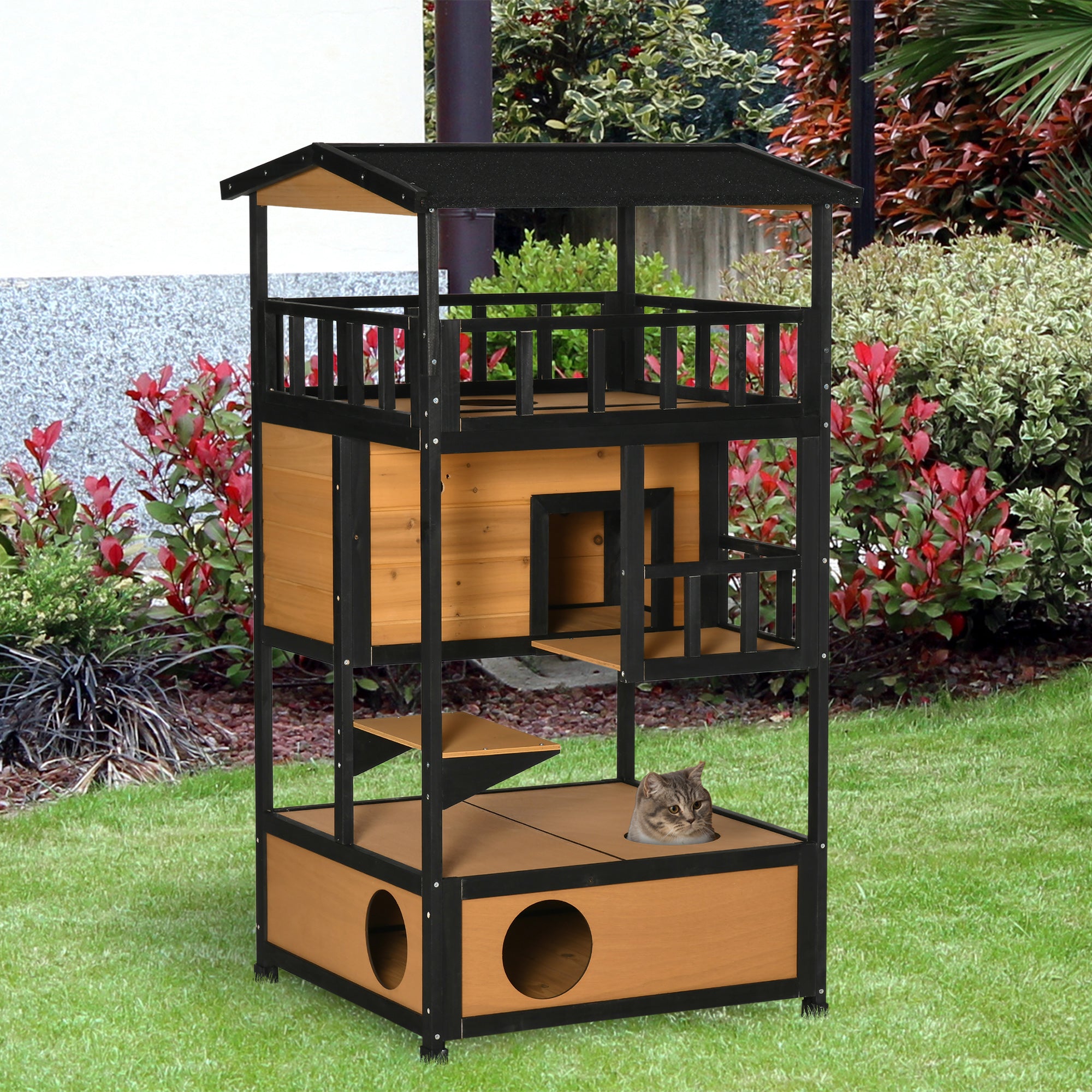 Wooden Outdoor Cat House 3-Tier for Winter Kitten Shelter Lodge w/ Tilted Roof Terrace Jump Step Bottom Tray Elevated Base Waterproof Paint