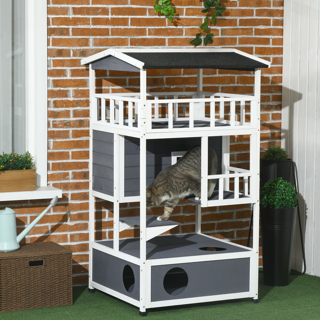 Wooden Outdoor Cat House 3-Tier for Winter Kitten Shelter Lodge w/ Tilted Roof Terrace Jump Step Bottom Tray Elevated Base Waterproof Paint