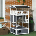 Wooden Outdoor Cat House 3-Tier for Winter Kitten Shelter Lodge w/ Tilted Roof Terrace Jump Step Bottom Tray Elevated Base Waterproof Paint