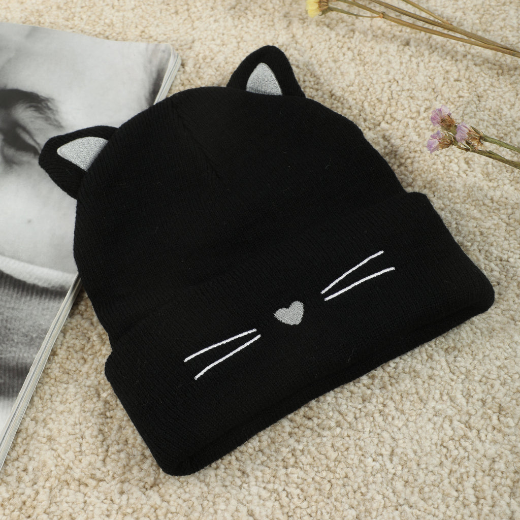 Cute Cat Beanie With Ears Trendy Solid Color Elastic Knit Hats Winter Warm Skull Cap Coldproof Beanies For Women