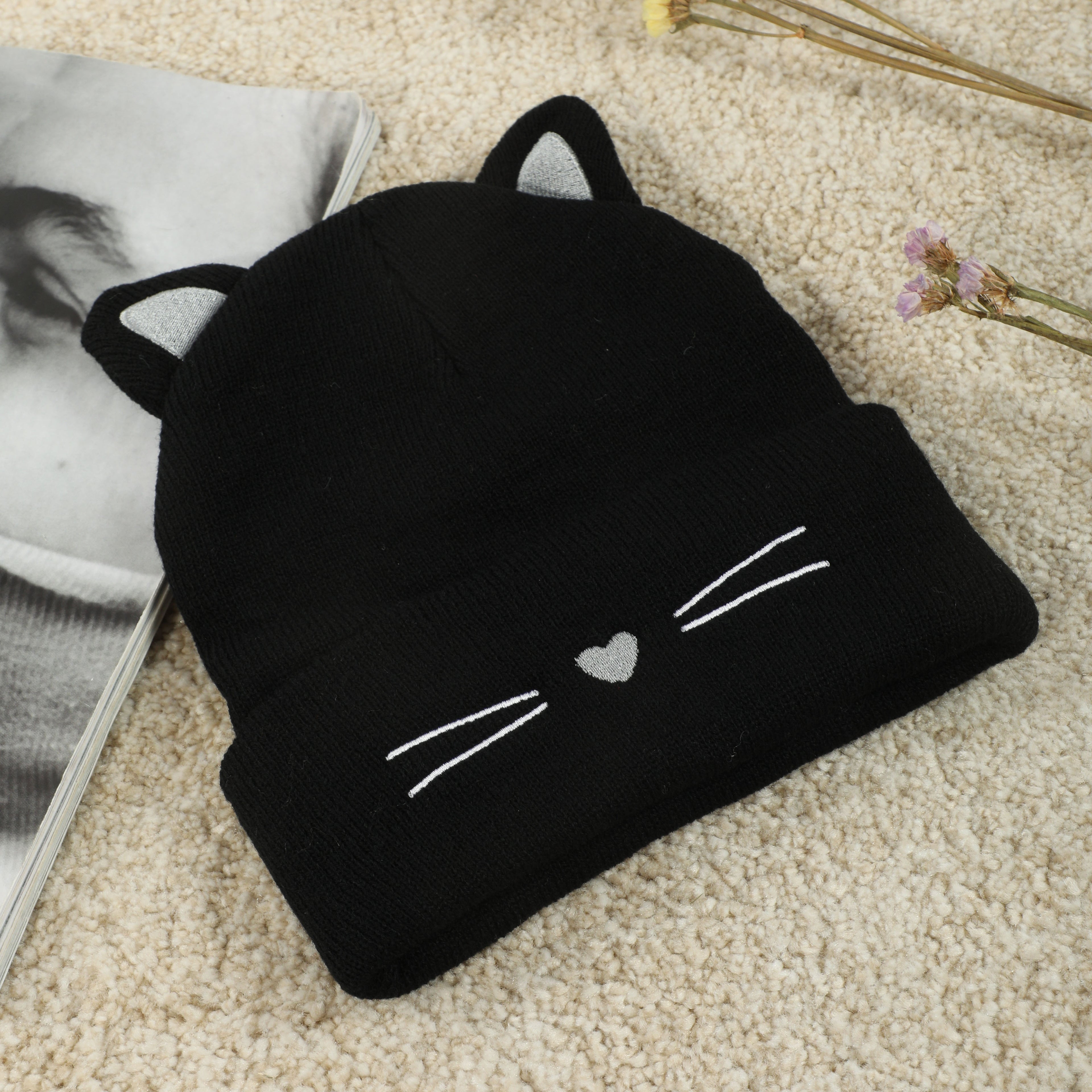 Cute Cat Beanie With Ears Trendy Solid Color Elastic Knit Hats Winter Warm Skull Cap Coldproof Beanies For Women