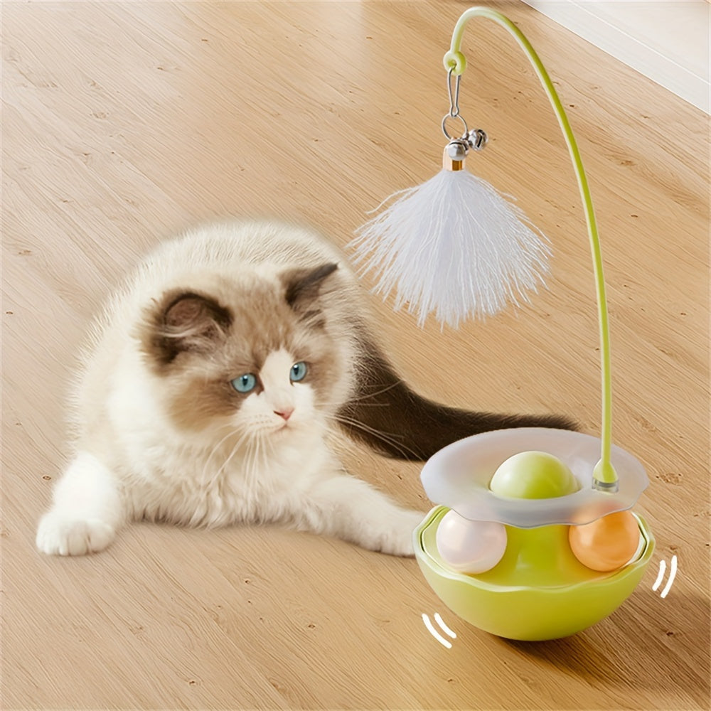 Fun Feline Playmate - Rotating Track Ball, Spring-Loaded Feather Teaser, Durable Plastic Construction, Non-Battery Operated, Self-Play Entertainment for Cats and Kittens, Promotes Exercise and Mental Stimulation