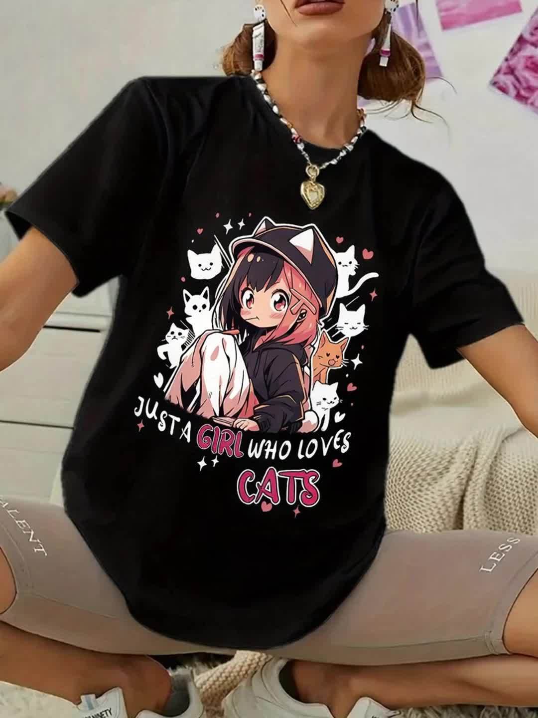 Women'S Anime Cat Lover Graphic T-Shirt - Black with Pink Lettering - Soft Stretchy Fabric Casual Everyday Tee - Cute Japanese Animation Shirt for Women - G7110, Allseason Apparel, Playful Design, Comfortable Fit, Streetwear