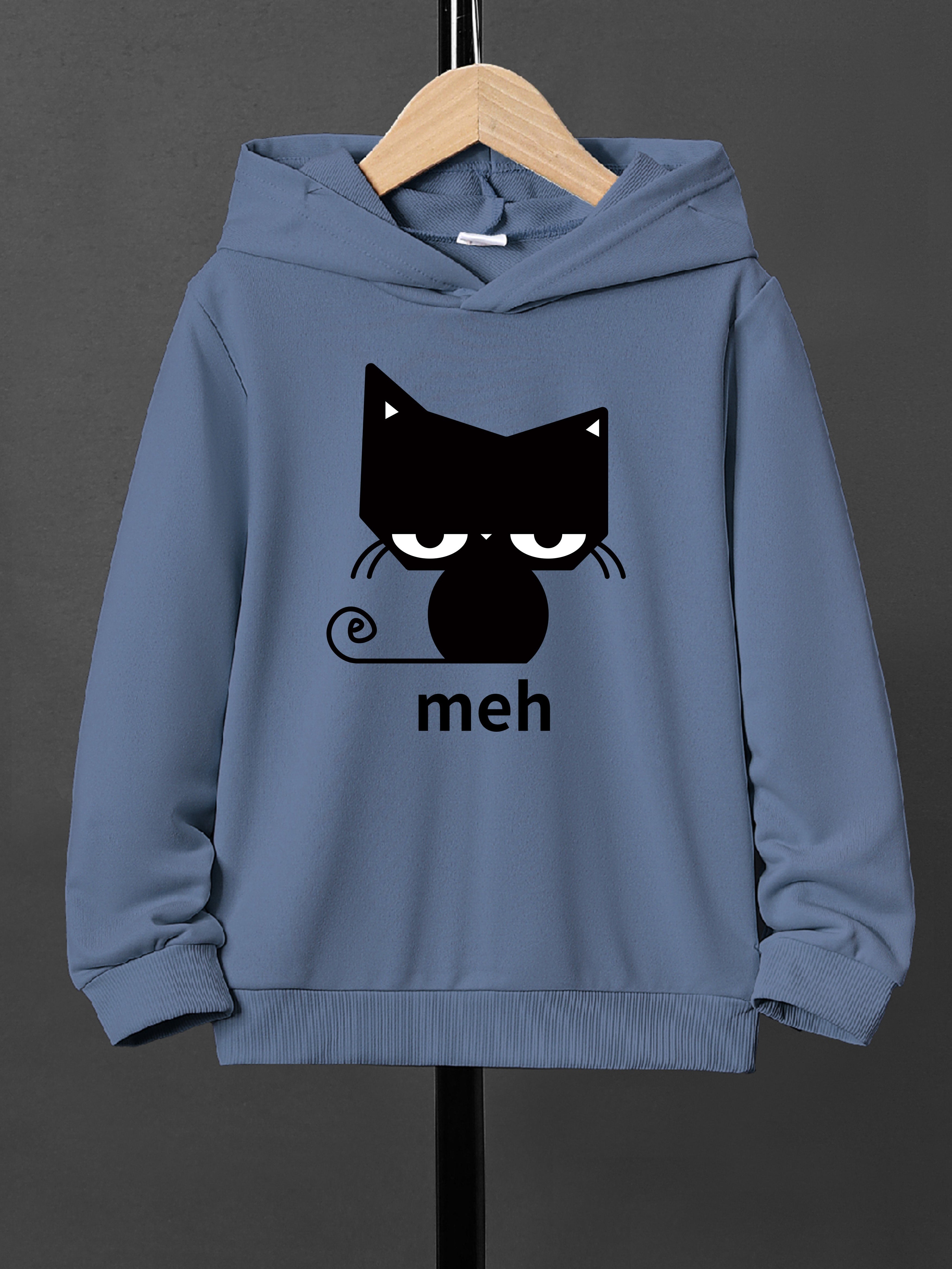 Boys' Casual Cat Print Hoodie - Comfortable Loose-Fit Long Sleeve Pullover for Fall/Winter, Easy Care, Knit Fabric
