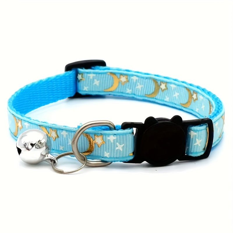 Stylish Adjustable Breakaway Cat Collar with Bell - Polyester Geometric Moon Star Pattern Necklace - Durable, Comfortable, and Safe for Your Feline Friend