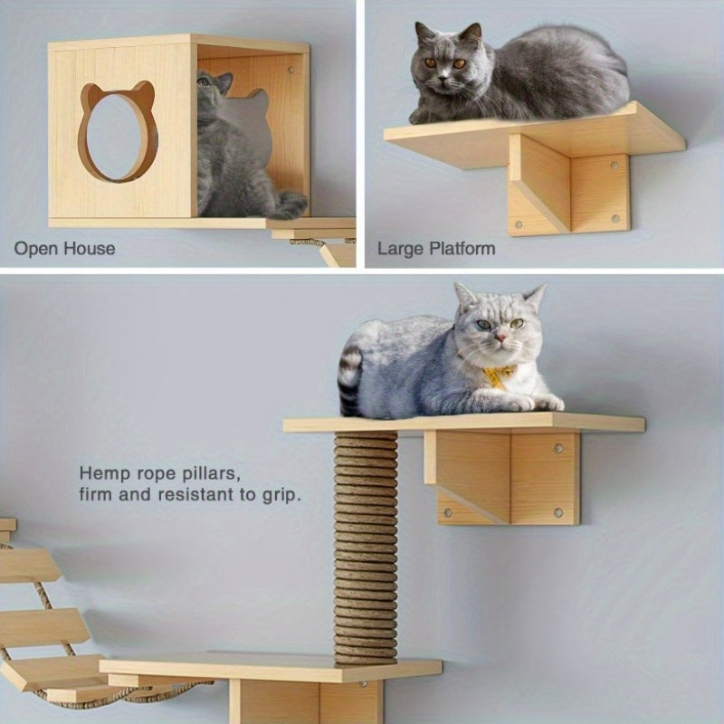 Indoor Wooden Cat Wall Mounts: 2 Cat Nests, 4 Platforms, 2 Ladders, and 1 Scratching Post - Suitable for Cats