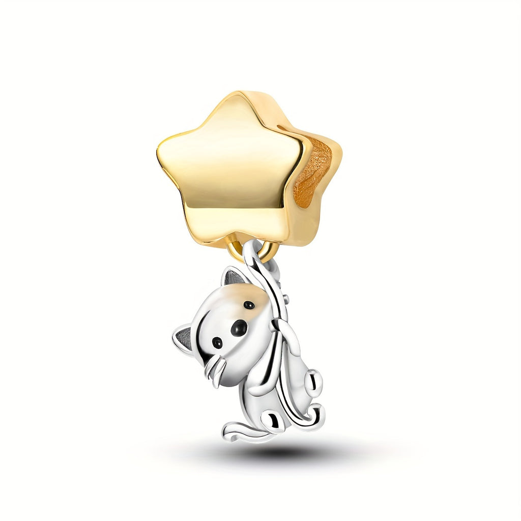 Charming Cat & Golden Star Charm - Whimsical Silver Plated Pendant for Bracelets, Earrings, or DIY Jewelry - Perfect Gift for Pet Lovers, Cat Accessories