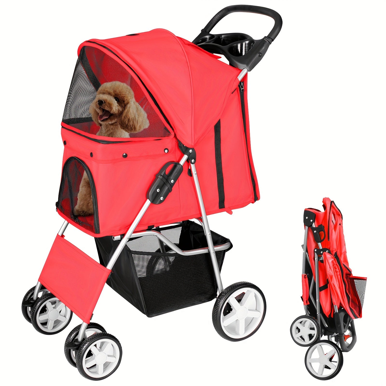 Foldable Pet Stroller SP02, Dual-Hand Collapsible, Oxford Fabric Material, Breathable Mesh Window, Lightweight With Storage Basket, For Dogs And Cats, Red/Pink Options