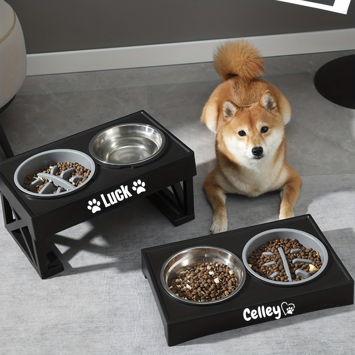 Personalized Stainless Steel Elevated Dog Feeder Bowl - Slow Eating, Anti-Gulping, Spill-Proof, Adjustable Height for Small to Large Dogs & Cats - Durable, Easy to Clean, Healthy Mealtime Solution