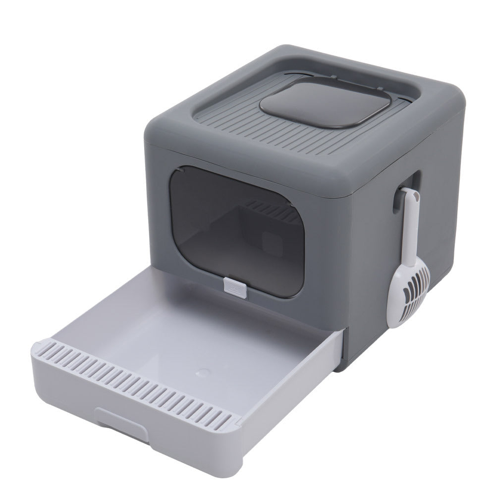 Durable Cat Litter Tray Box, Foldable Top Entry Large Cats Toilet with Lid - Hooded Kitten Litter Tray Easy Cleaning Drawer Design with Scoop | Grey, Anti-odor