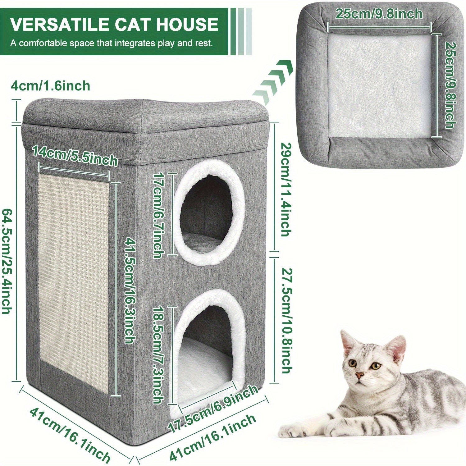 1pc FunTrip Cat House Cat Cave For Indoor Cats Three Layer Condo With Cushions Foldable Storage Cat Nest Cat Bed With Cat Scratching Board Cat Cube For Indoor Cats