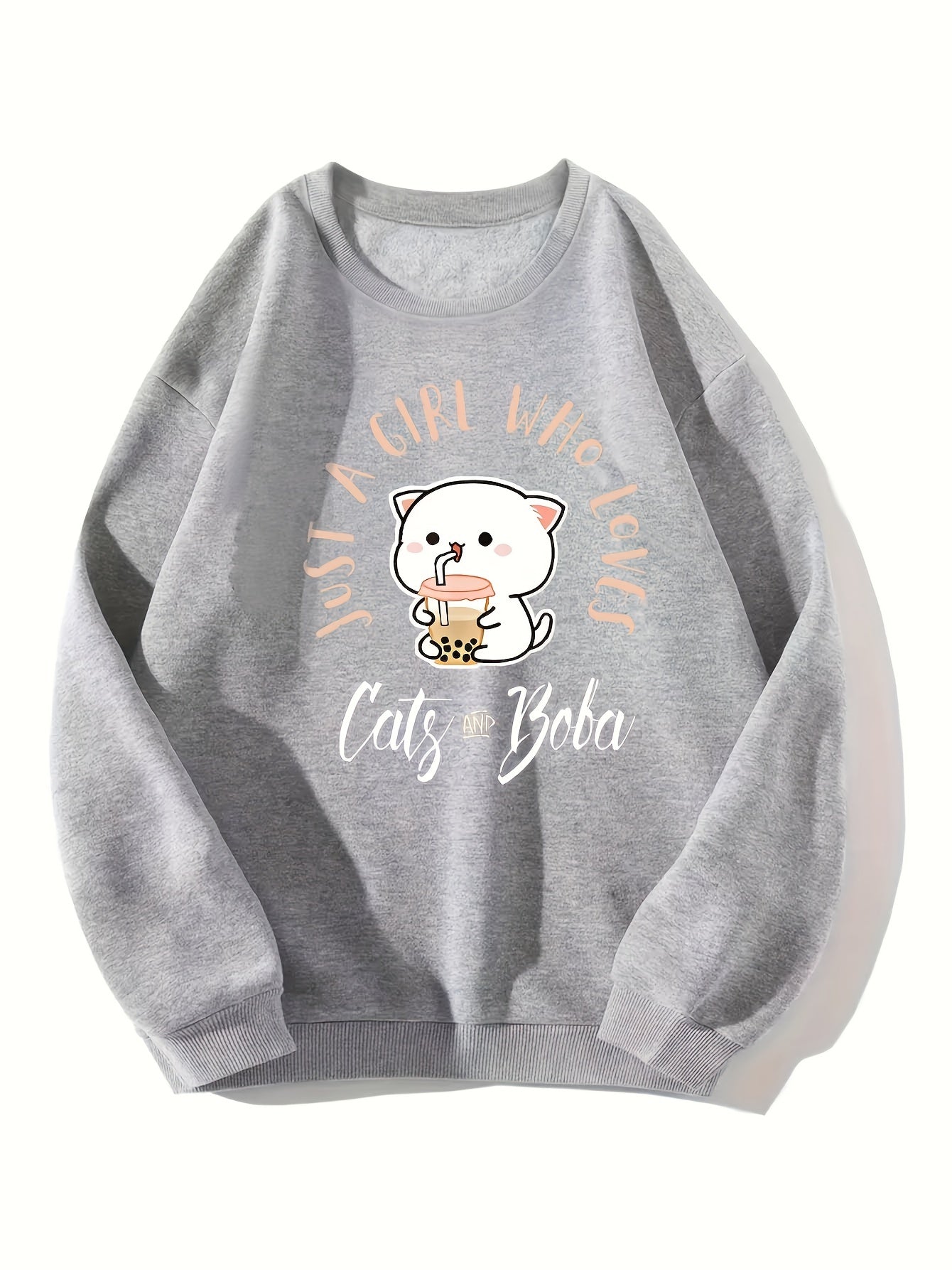 Cat Print Causal Round Neck Sports Sweatshirt, Fashion Long Sleeves Pullover Tops, Women's Activewear