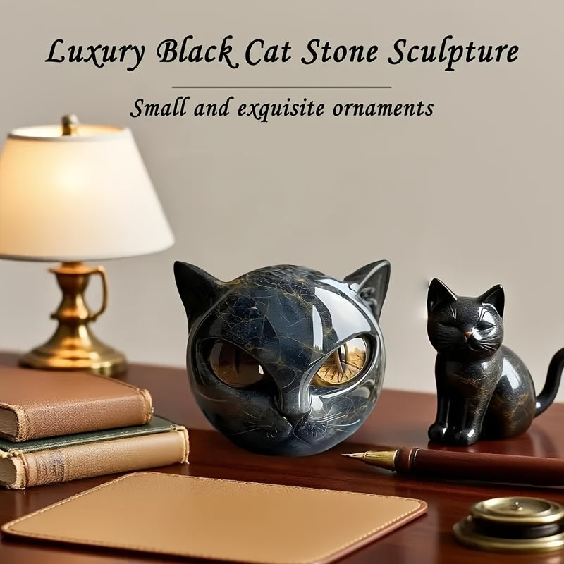 1pc Hand-Carved Resin Black Cat Stone Sculpture - Elegant Marble-Like Texture with Golden Marble Eyes, Intricate Feline Face & Expressive Eyes, Mini Cat Figurine for Home Decor, Gift for Cat Lovers (No Electricity Needed) - D