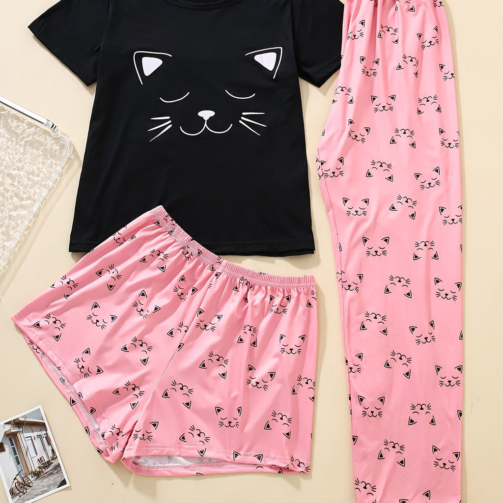 Cute Cat Print Pajama Set, Short Sleeve Crew Neck Top & Shorts & Pants, Women's Sleepwear & Loungewear