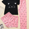 Cute Cat Print Pajama Set, Short Sleeve Crew Neck Top & Shorts & Pants, Women's Sleepwear & Loungewear