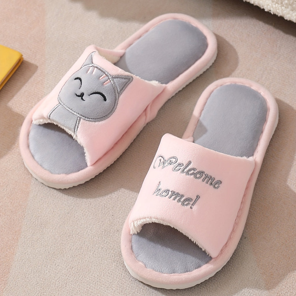 Women's Cute Cat Pattern Slippers, Open Toe Indoor Flat Fuzzy Shoes, Warm & Cozy Bedroom Floor Slippers