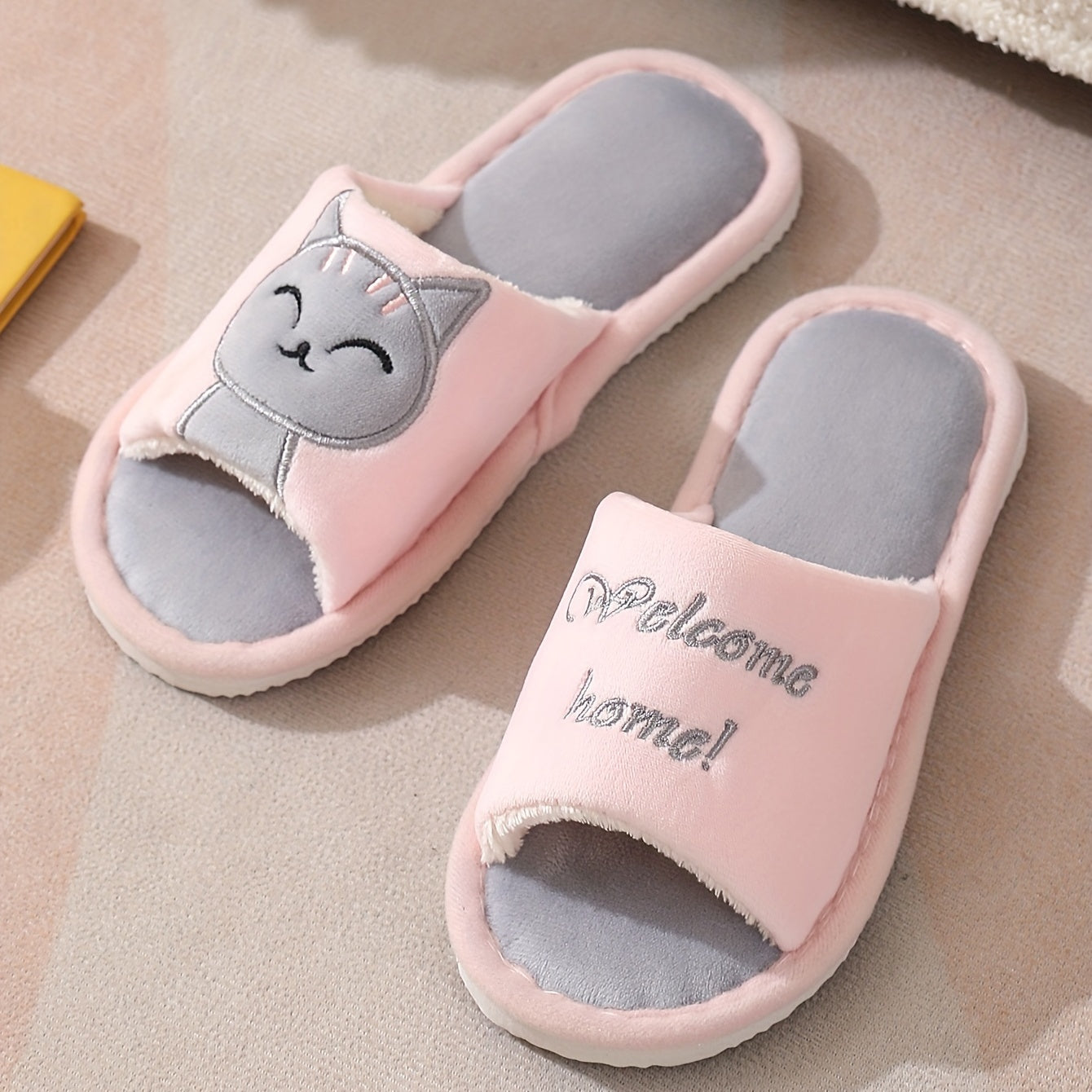 Women's Cute Cat Pattern Slippers, Open Toe Indoor Flat Fuzzy Shoes, Warm & Cozy Bedroom Floor Slippers