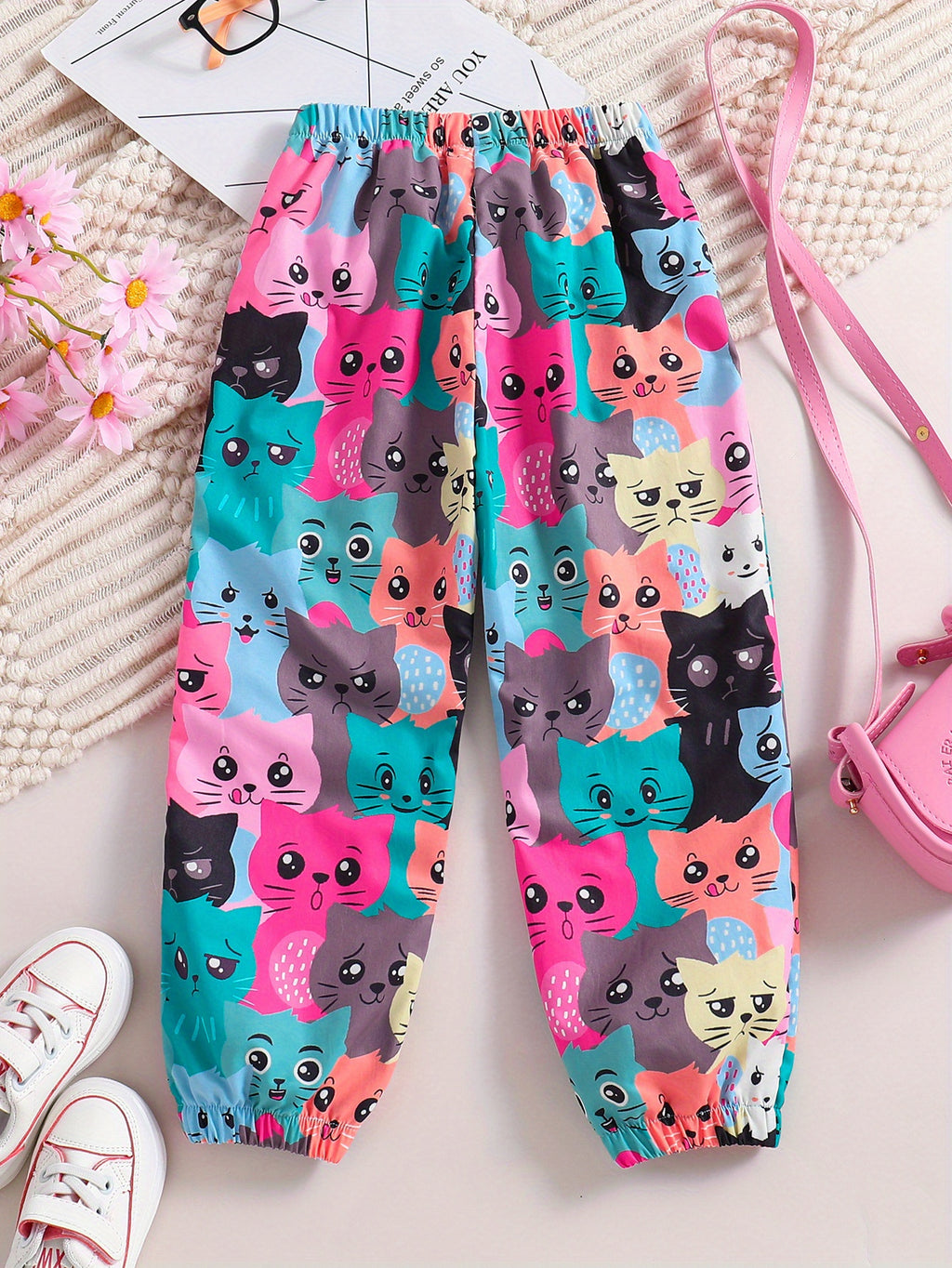 Toddler Girls Cute & Casual Jogger Pants Cat Print Cartoon Graphic For Spring And Summer And Autumn