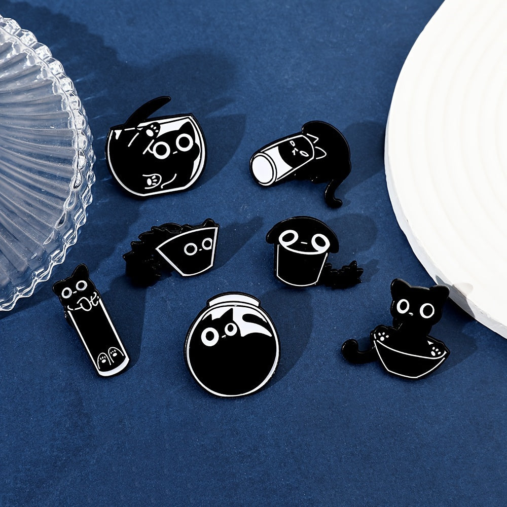 7pcs Black Cat Paint Badge Brooch Set Cute Lovely Alloy Brooch Jewelry Animal Theme Accessories